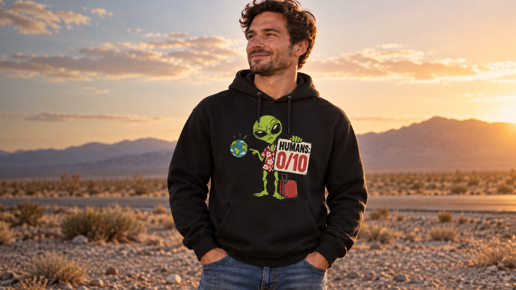 Model wearing the Humans: 0/10 black hoodie at sunset in the desert