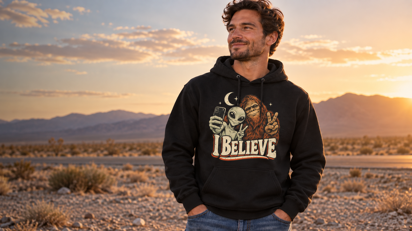 Model wearing the I Believe black hoodie at sunset in the desert