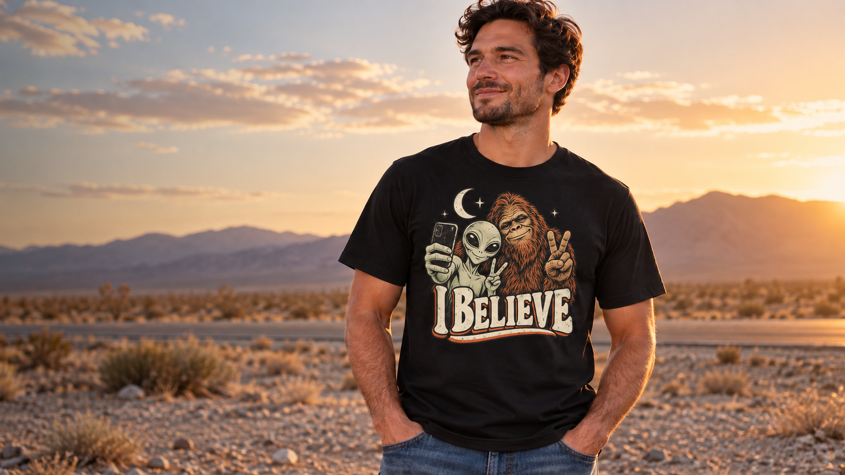 Model wearing the I Believe black tee at sunset in the desert