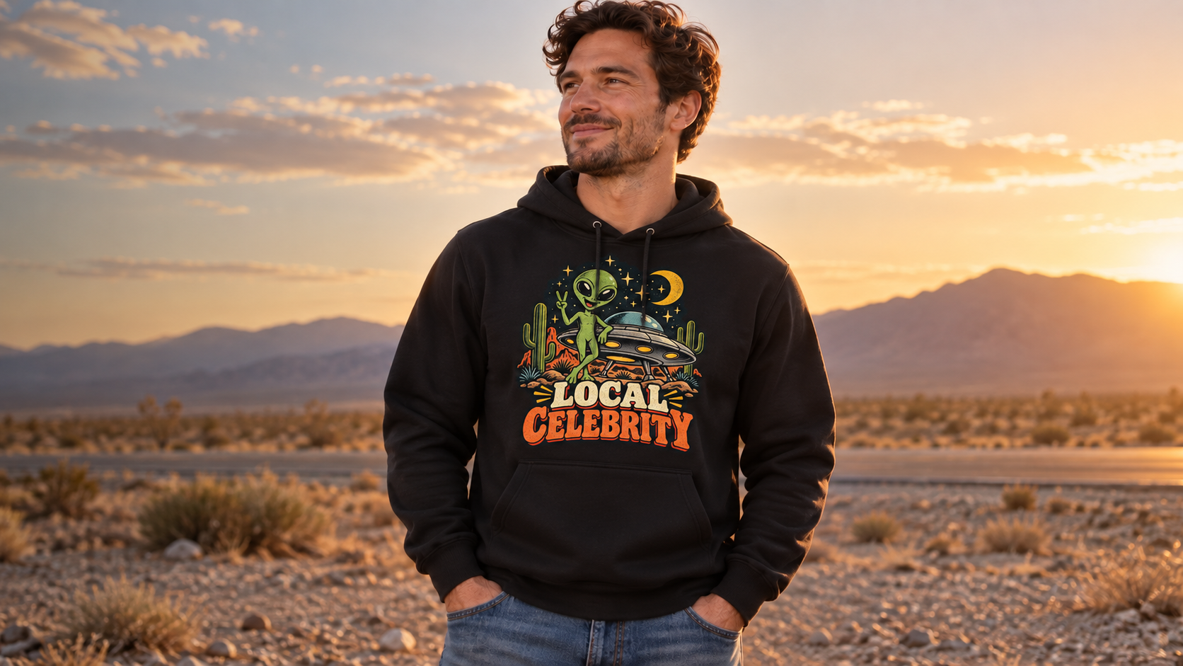 Model wearing the Local Celebrity black hoodie at sunset in the desert
