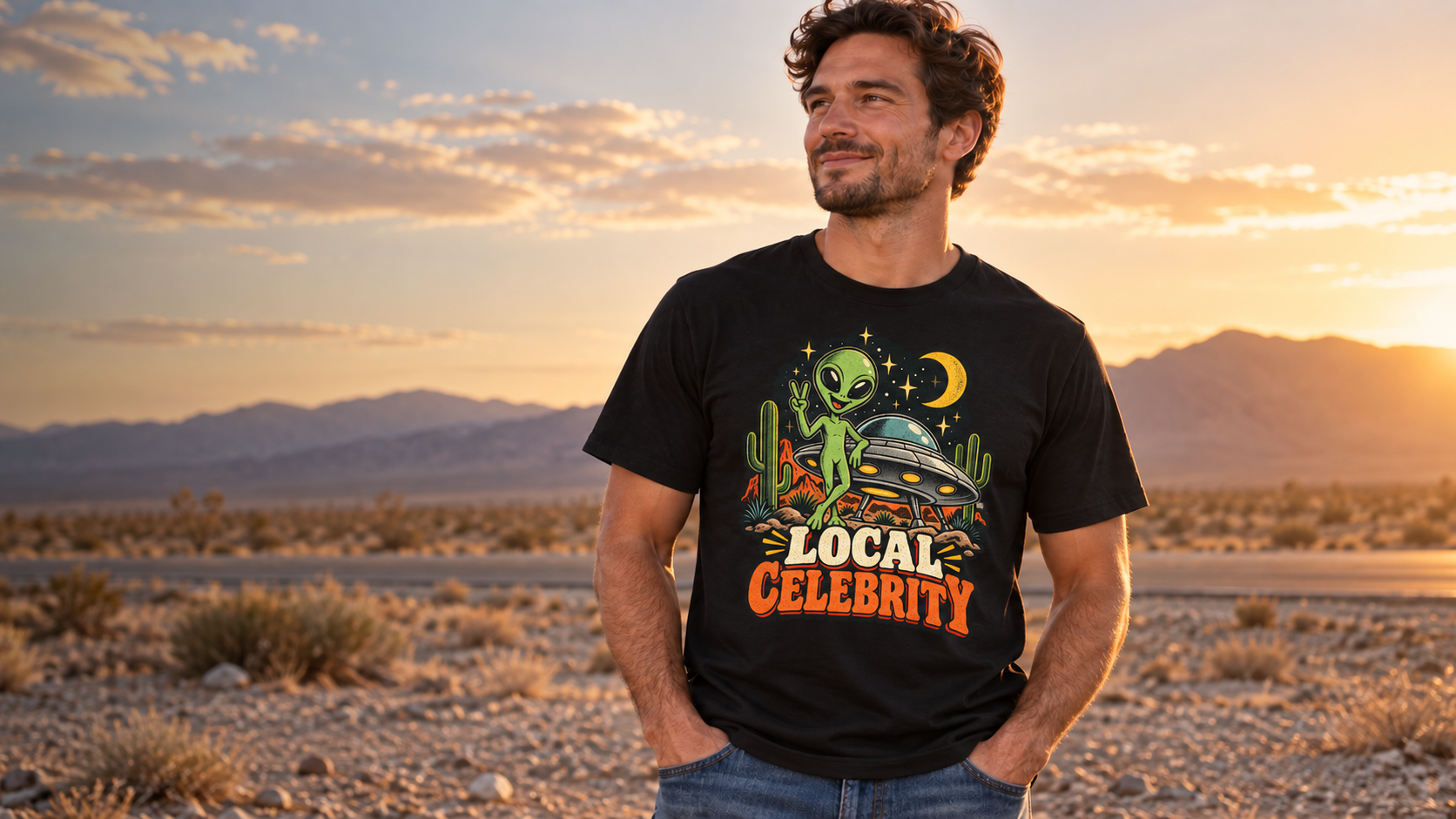 Model wearing the Local Celebrity black tee at sunset in the desert